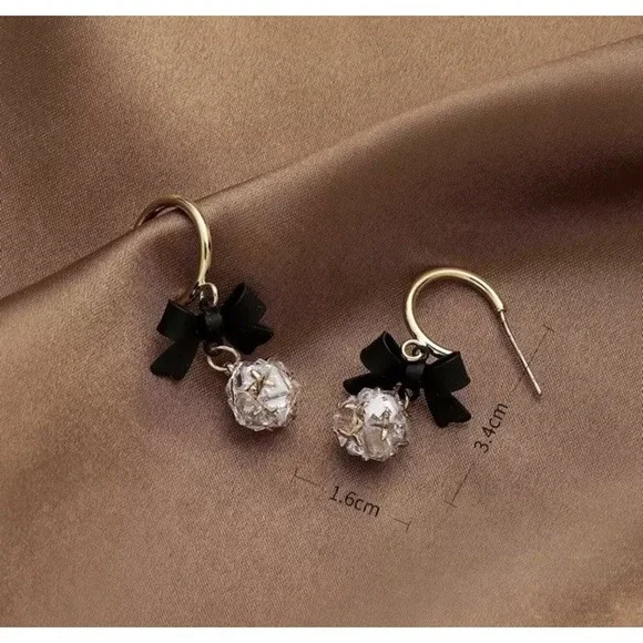 Black Bow Clear CZ Crystal Ball Dangle Hoop Earrings Gold Accent Fine Jewelry - Picture 3 of 4
